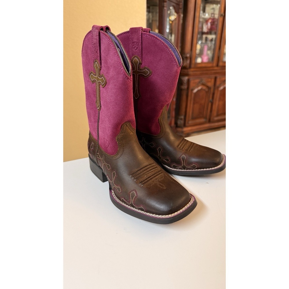 Ariat Crossroads Kids Western Cowboy Boots Brown Pink Cross Square Toe US 12